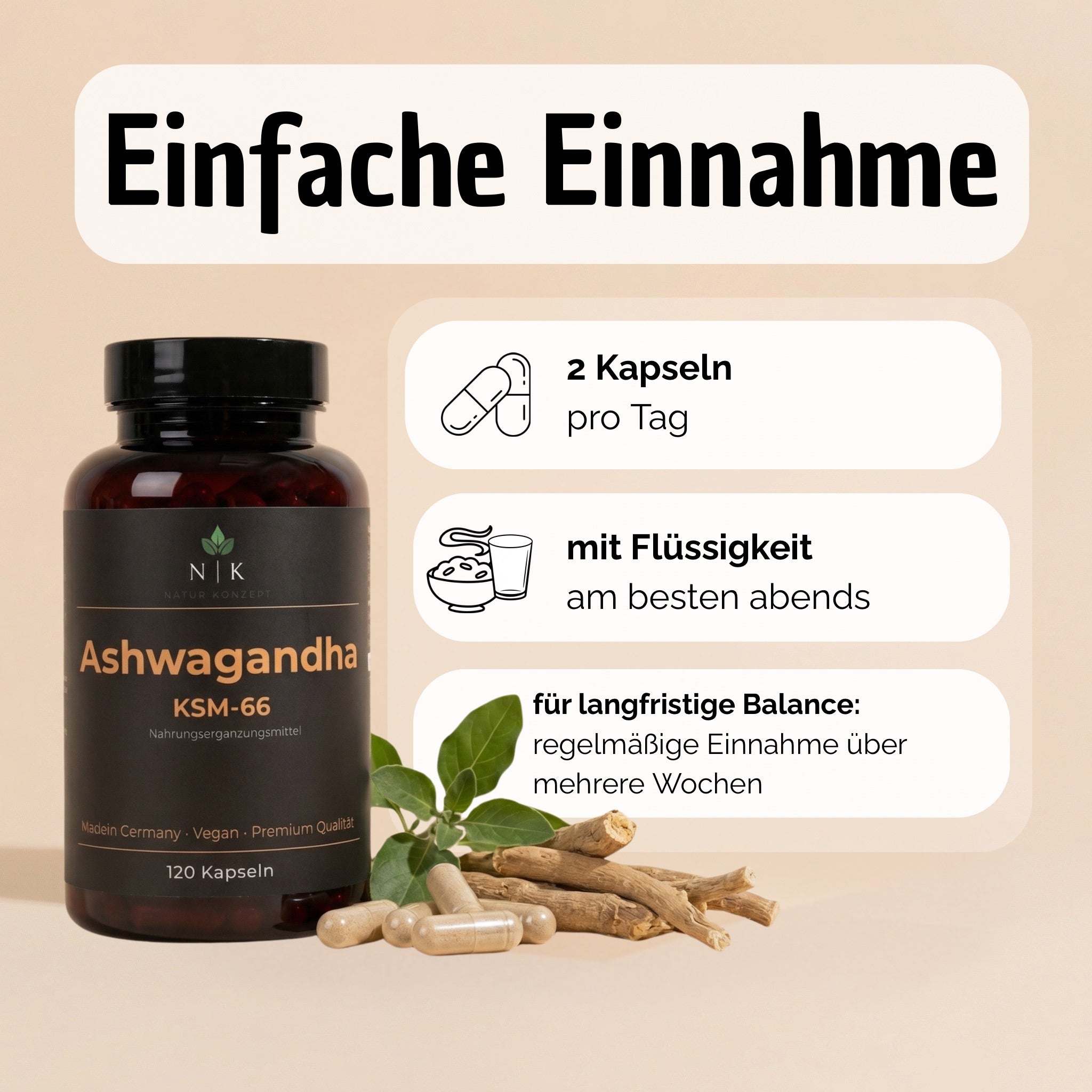 Ashwagandha KSM 66 von NK Natur Konzept Einfache Einnahme