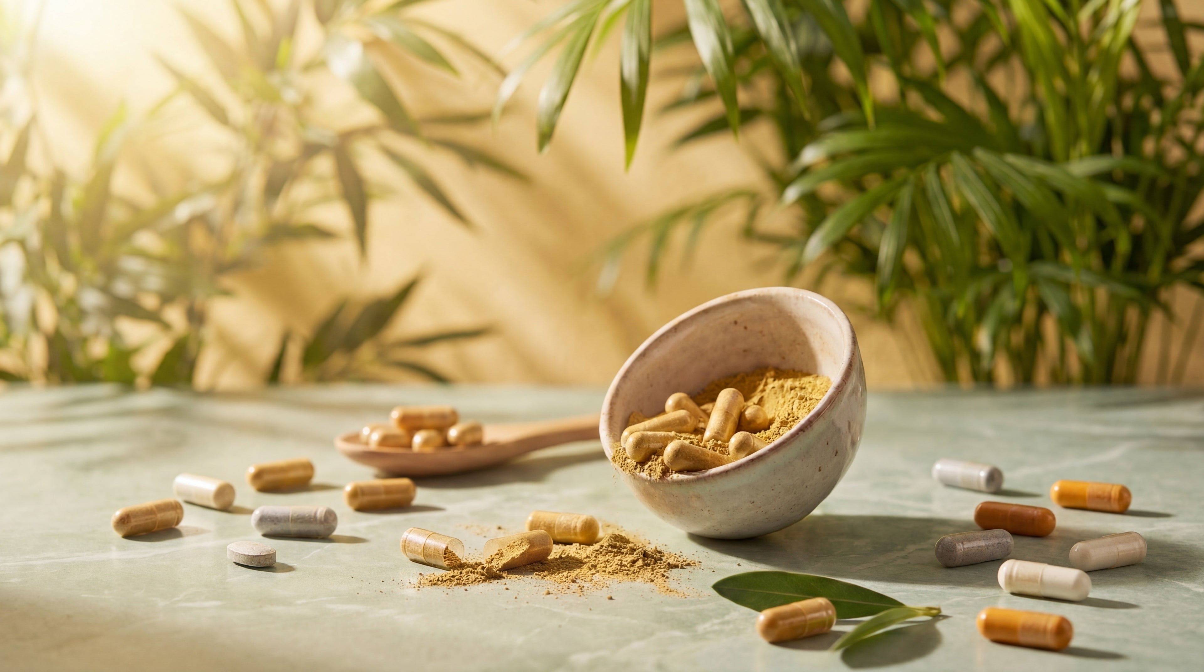 Supplements und Pulver auf dem Tisch, Sonnenlicht, Banner NK