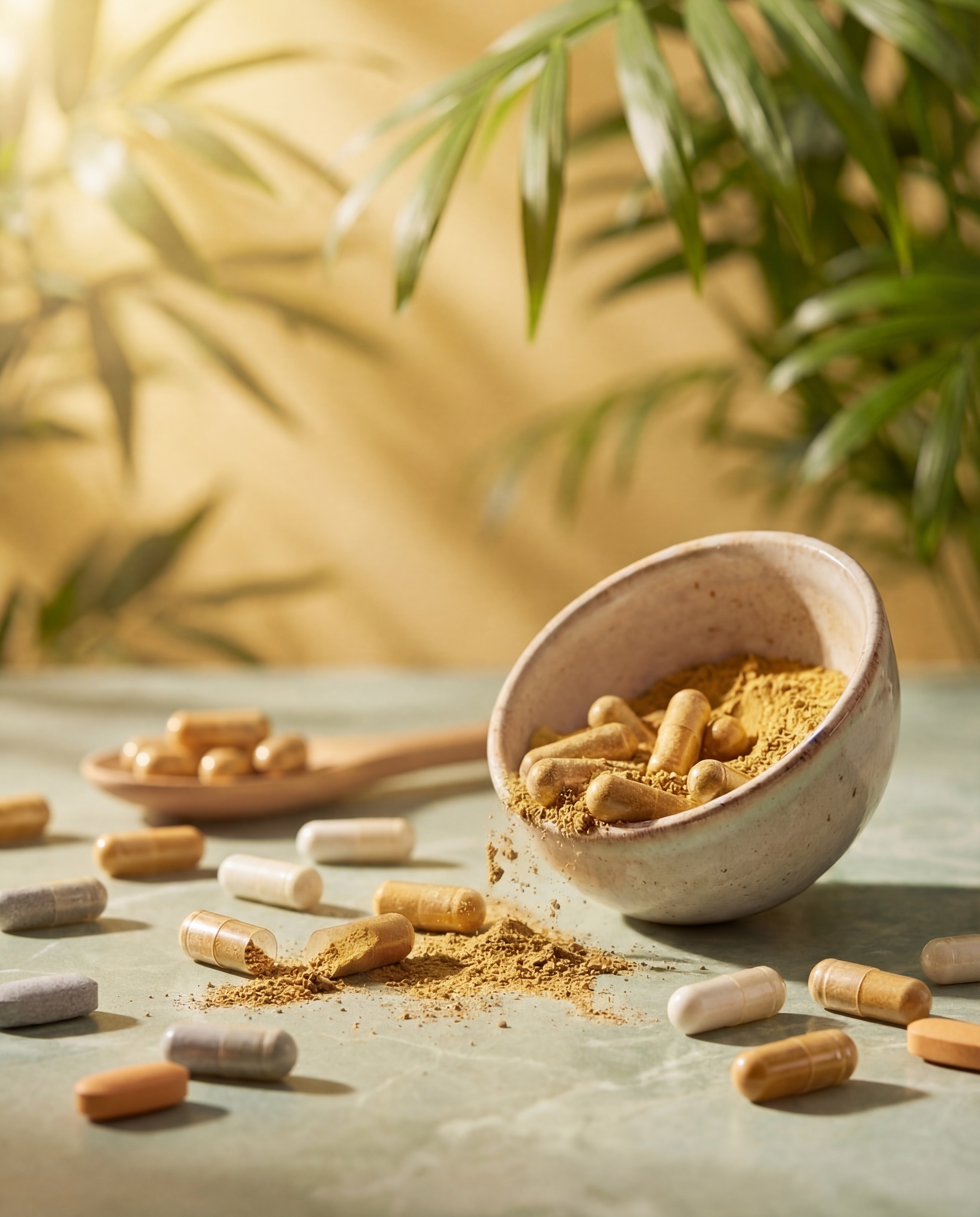 Supplements und Pulver auf dem Tisch, Sonnenlicht, Banner NK Mobile