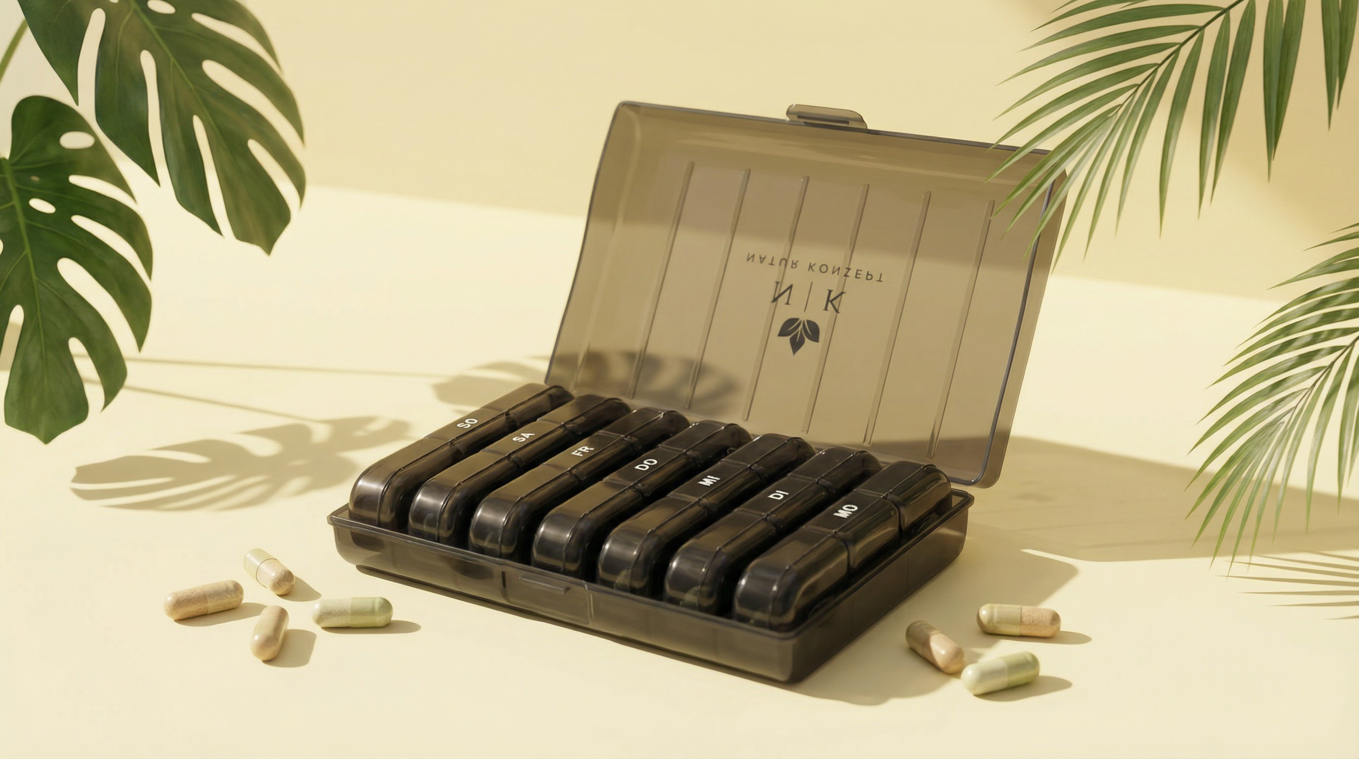 Natur Konzept Pillenbox für Supplements - Wochenbox mit Tageszeiten mit Kapseln