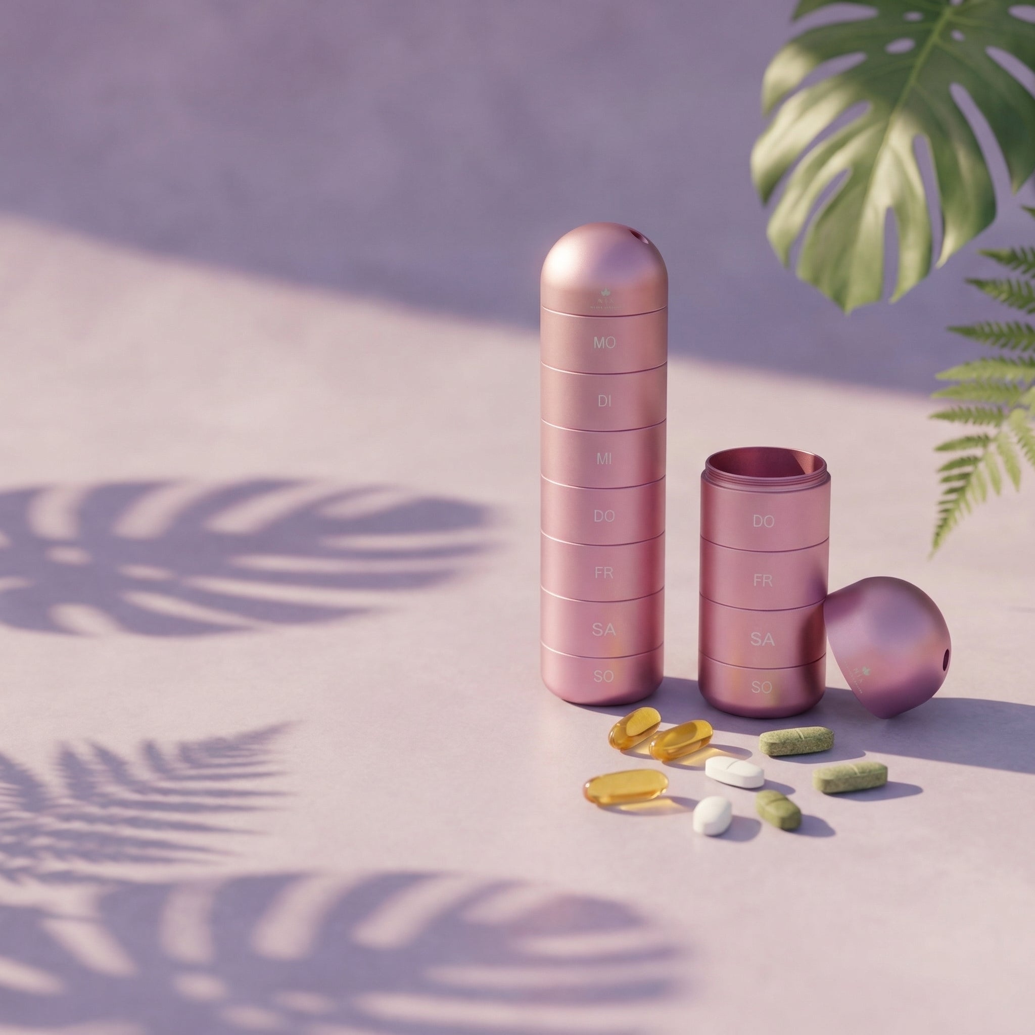 Pillenbox für Nahrungsergänzung - Natur Konzept Wochenbox für Kapseln in Pink 