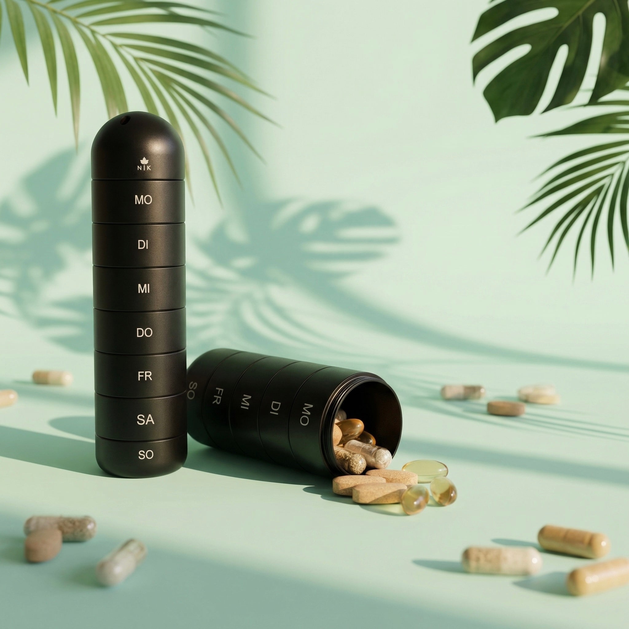 Pillenbox für Nahrungsergänzung - Natur Konzept Wochenbox für Kapseln in Schwarz 