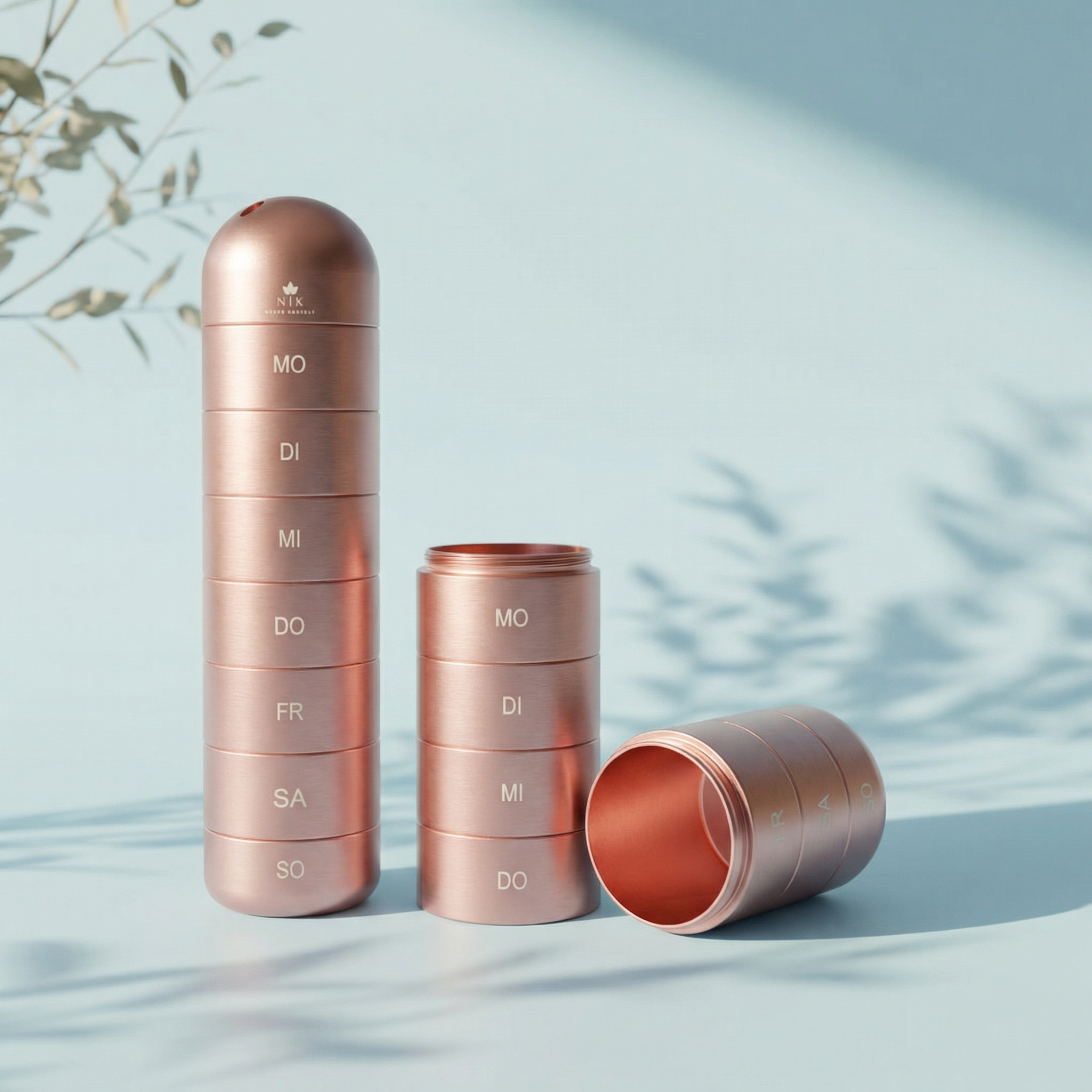 Pillenbox für Nahrungsergänzung - Natur Konzept Wochenbox für Kapseln in Rose Gold und Pflanze