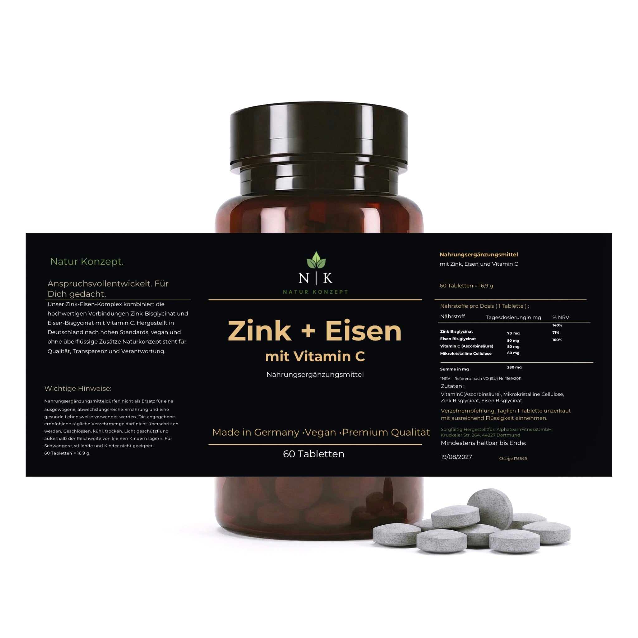 Zink + Eisen mit Vitamin C Supplement von NK Natur Konzept Etikett